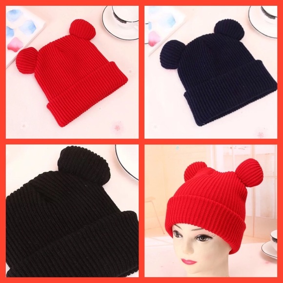 HOST PICK✨DOUBLE POM POM KNIT BLACK OR RED BEANIE-EARS‎ - Picture 1 of 8